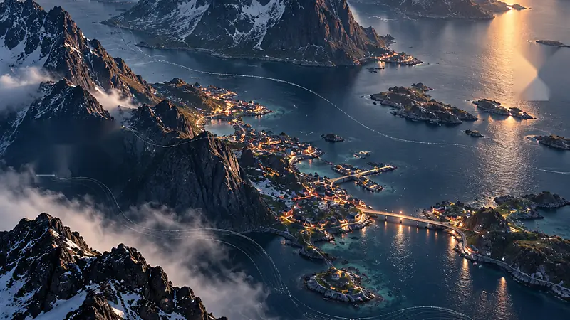 Originalkunst som gir et inntrykk av Leknes (Lofoten) – ikke et fotografi.