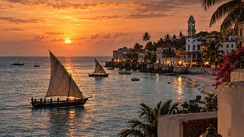 Original artwork evoking Zanzibar City — not a photograph.